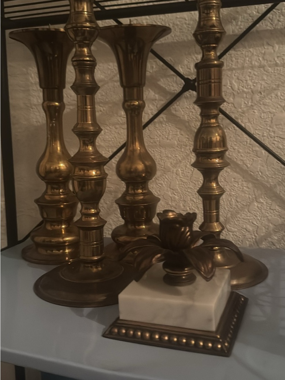 Brass Candlestick Set with Marble Base - Gold Finish